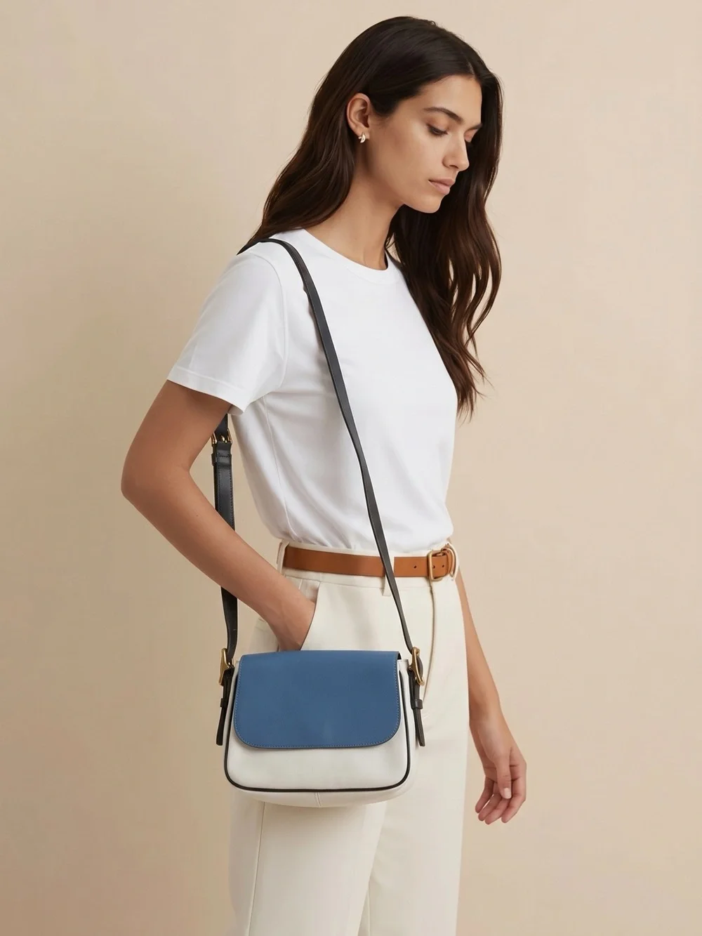 Fossil Harper Small Saddle Crossbody bag, blue and white leather design.